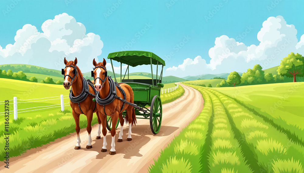 Horses pulling a green carriage on a sunny countryside road Horses pulling a green carriage on a sunny countryside road