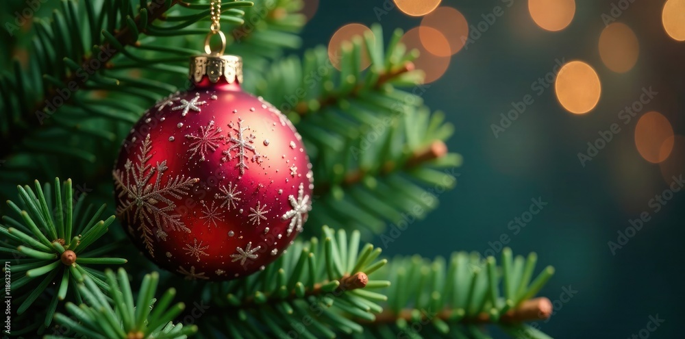 Naklejka premium Glass bauble with sparkling silver glitter on green fir branch, fir, festive, evergreen