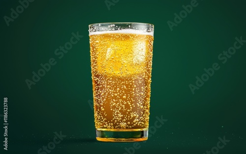 A sparkling cider with bubbles rising dynamically in a glass on a dark green background