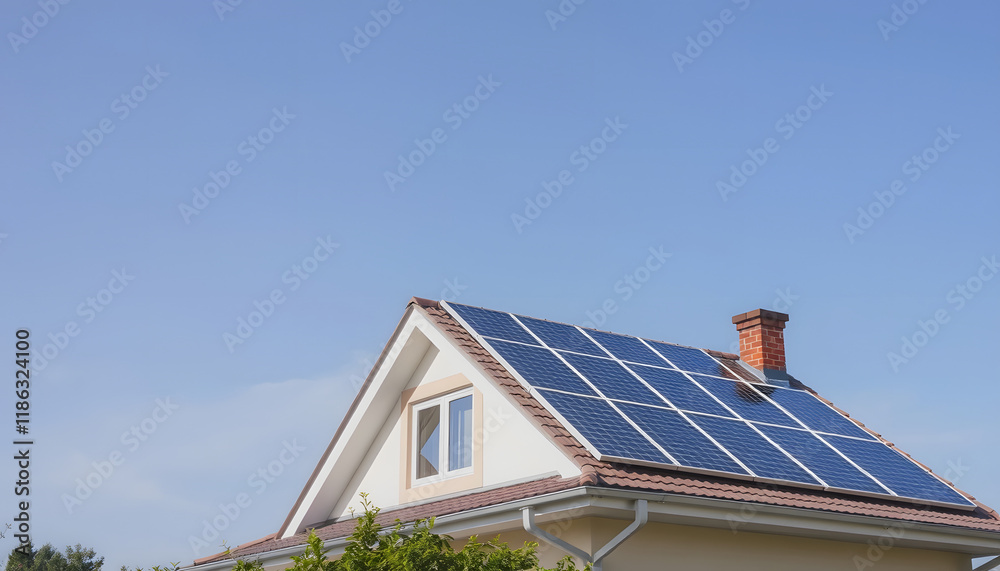 Fototapeta premium : solar energy photovoltaic power roof sun home cell system green house eco industry, isometry, with white tones