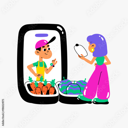 Female Customer Choosing Vegetables From Digital Grocery Store Screen, Flat Vector Illustration Symbolizing Online Shopping, Food Selection, And E commerce, Isolated On White Background