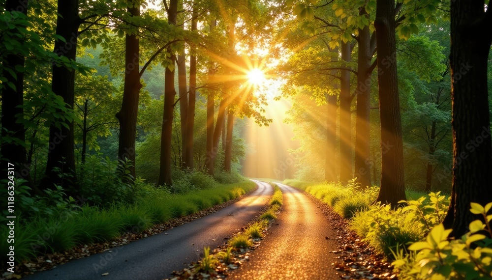 Obraz premium Golden sunlight filters through leaves on the forest road, natural light, tree branches