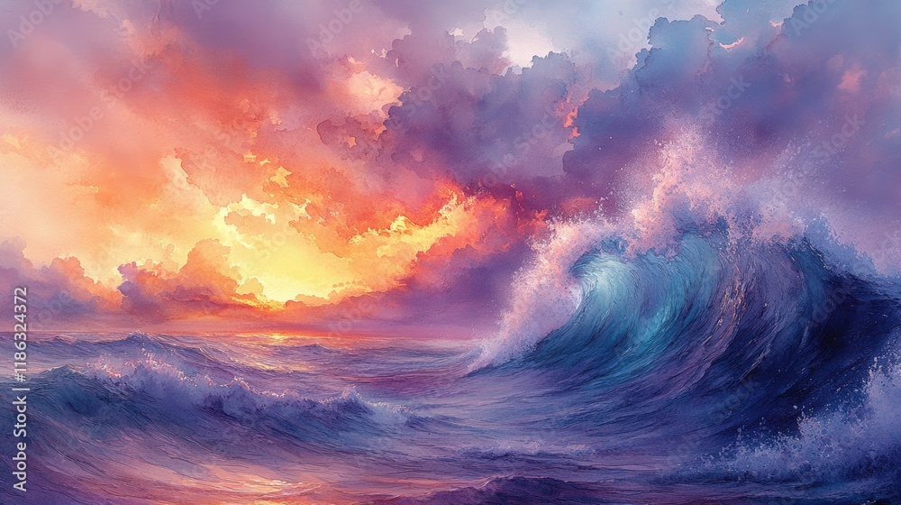 Fototapeta premium Ocean waves crashing, sunset sky, vibrant colors.