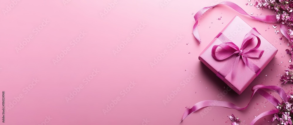A charming pink gift box adorned with a delicate ribbon and vibrant flowers, all set against a soft pink backdrop, perfect for Valentine's Day celebrations. A charming pink gift box adorned with a delicate ribbon and vibrant flowers, all set against a soft pink backdrop, perfect for Valentine's Day celebrations.
