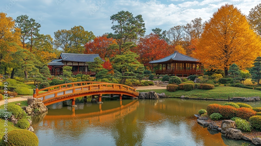 Autumnal Japanese garden, wooden bridge, ponds. Autumnal Japanese garden, wooden bridge, ponds.