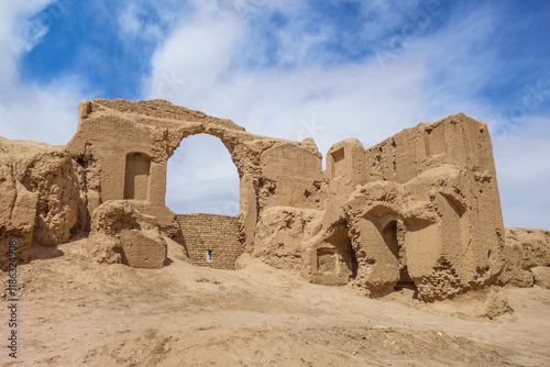 Walls of the Sizan Castle in Nushabad, Iran. Different name is Kheshti Castle. Fortress was built during the Seljuk period. Main building material is clay bricks photo