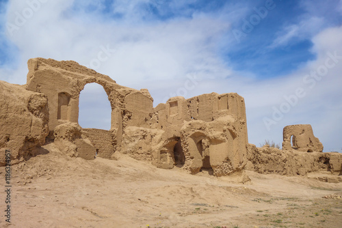 Walls of the Kheshti Castle in Nushabad, Iran. Different name is Sizan Castle. Fortress was built during the Seljuk period. Main building material is clay bricks photo