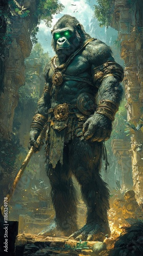 Illustration of Powerful Gorilla Guardian in Jungle Ruins