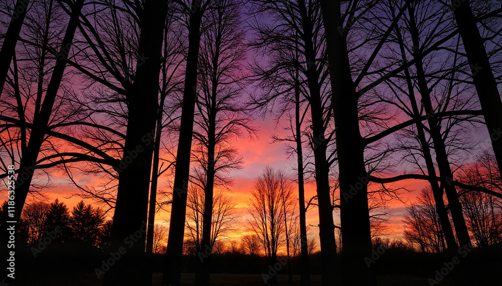 Minimalistic silhouette of tall trees against a glowing orange and pink sunset sky Minimalistic silhouette of tall trees against a glowing orange and pink sunset sky