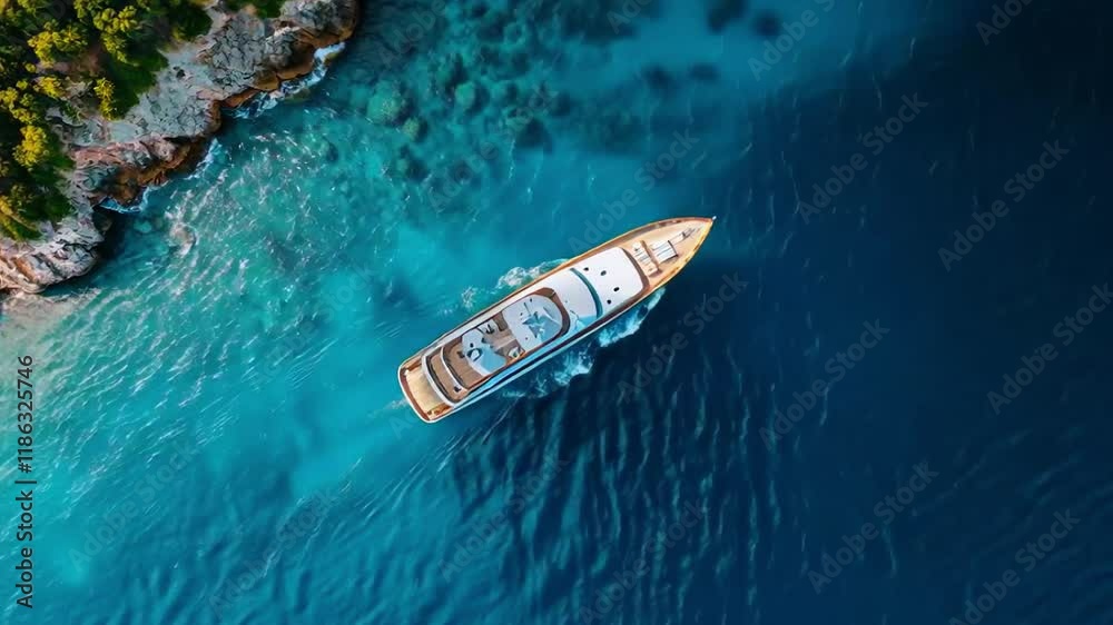 Serene overhead view of a luxury yacht sailing on crystal clear water off a rocky coast. Ideal for articles about sea travel and luxury vacations. Serene overhead view of a luxury yacht sailing on crystal clear water off a rocky coast. Ideal for articles about sea travel and luxury vacations.