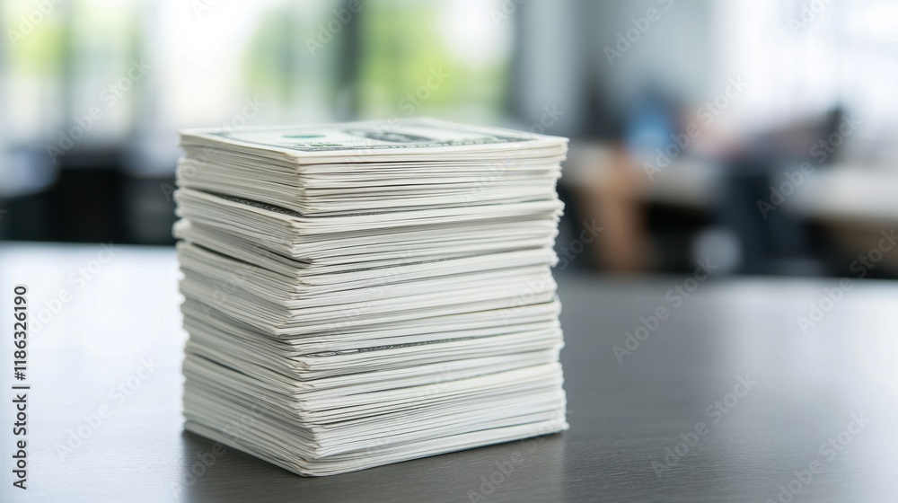 Stacked Cash Bundles on a Business Desk in an Office Setting with Natural Light Streaming Through Windows Stacked Cash Bundles on a Business Desk in an Office Setting with Natural Light Streaming Through Windows