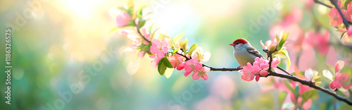 A group of small, adorable sparrows perch on a branch and gaze at the pink flowers in spring. The background is blurred, with green trees and vibrant colors in natural light. 