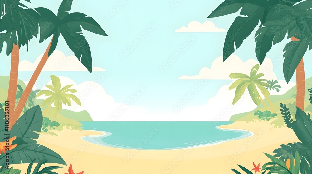 Fototapeta premium Serene Tropical Beach Scene with Palm Trees and Ocean