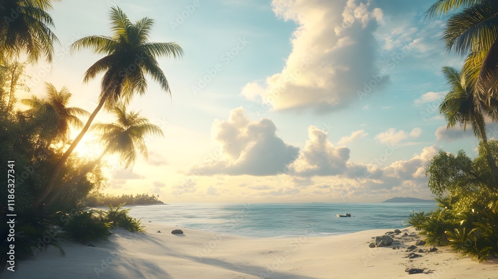 Tropical Beach Sunset Scene With Palm Trees And Boat Tropical Beach Sunset Scene With Palm Trees And Boat
