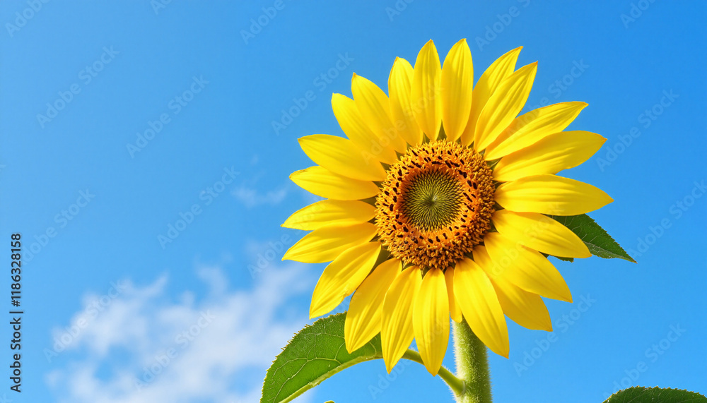 Large sunflower in full bloom under bright blue skies with vibrant yellow petals and deep green leaves Large sunflower in full bloom under bright blue skies with vibrant yellow petals and deep green leaves