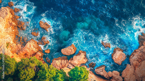 erial view of the blue sea and rocks with green trees on the shore in Antalya, with the light of sunrise. Top-down drone photo from above, a travel background. photo