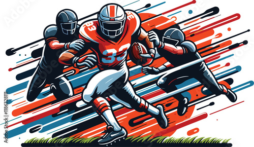 A running back dodging defenders, holding the ball tightly, surrounded by bold lines and motion effects in a flat design