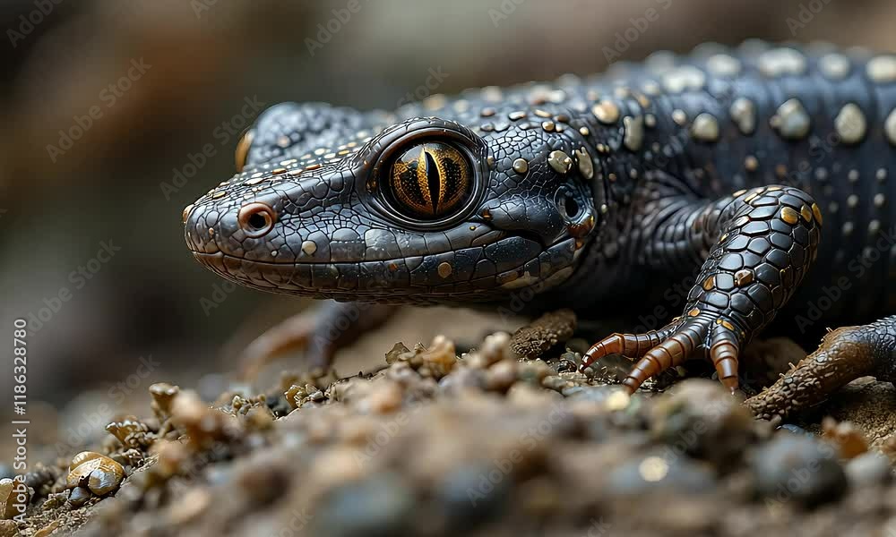 Closeup Portrait of a Black and Gold Speckle Lizard on Ground Closeup Portrait of a Black and Gold Speckle Lizard on Ground