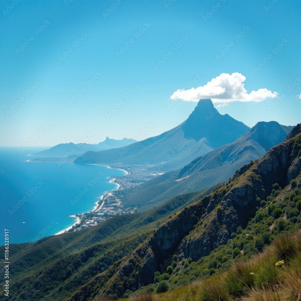 Mountain range with lone cloud in blue sky French Riviera coast, mountains, sky, serene Mountain range with lone cloud in blue sky French Riviera coast, mountains, sky, serene