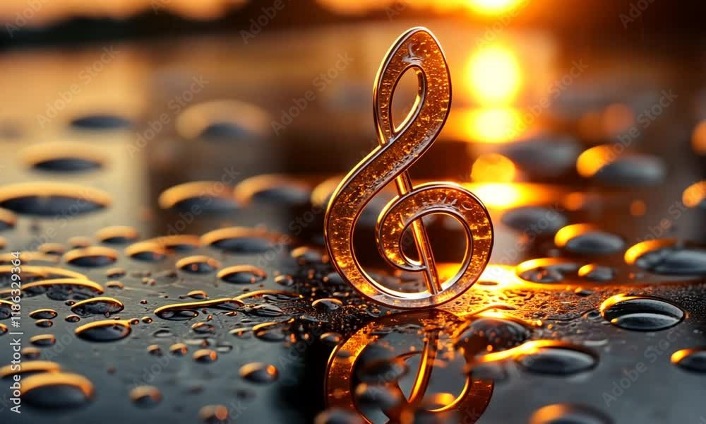 Golden treble clef symbol on a reflective surface with water droplets