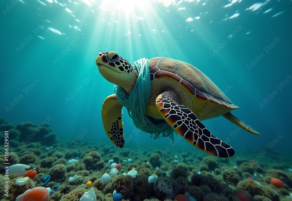 Fototapeta premium 海洋の美しさと汚染の対比を浮き彫りにする海亀、プラスチック袋と網に絡まって泳ぐ