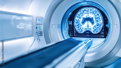 A modern MRI machine showcasing a detailed brain scan on the monitor, emphasizing advanced medical imaging technology.