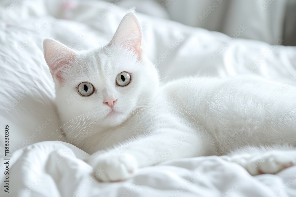 Cute white kitten resting on a comfy white bedspread Cute white kitten resting on a comfy white bedspread
