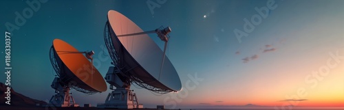 Large satellite dishes stand tall against twilight sky. Dishes capture signals from space. Positioned on flat plain with soft horizon. Sky shows mix of twilight colors. Tech marvel captures cosmos