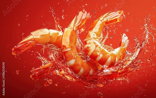 Juicy shrimp in motion with sweet chili sauce flowing gracefully around them on a bold red background photo