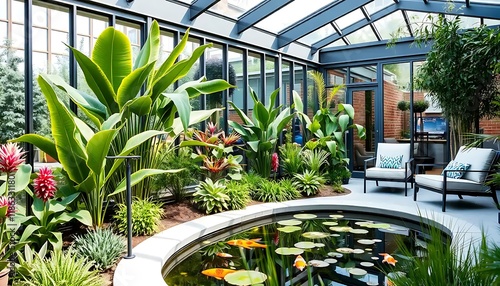 Indoor Conservatory Garden With Koi Pond And Seating photo