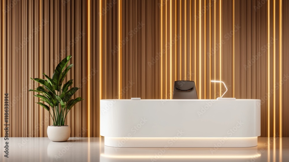Fototapeta premium A modern reception area featuring a sleek white desk, stylish chair, warm wooden accents, and ambient lighting, complemented by a decorative plant.