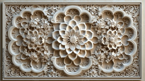 Intricate Floral Carving:  A Masterpiece of 3D Relief Art in Beige Tones photo