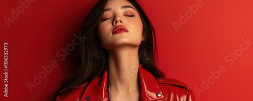 Fashionable asian brunette woman in a red leather jacket posing with eyes closed against a red background