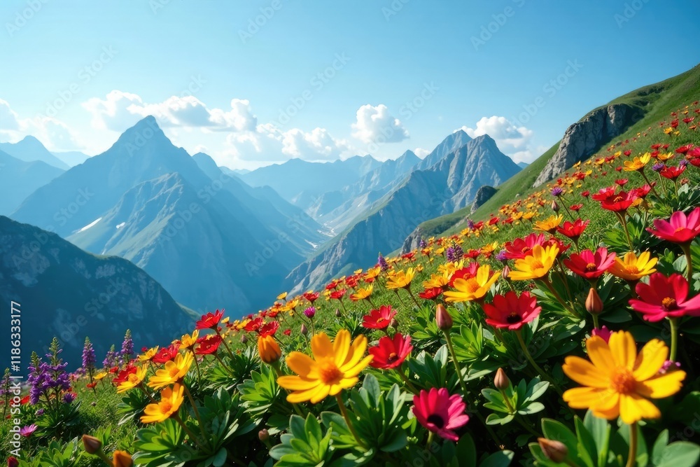 Fototapeta premium Row of flowers stretching up the mountain slope, blooming, mountain