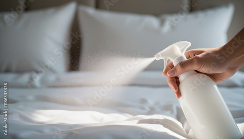 Close-up of a hand holding a dust mite spray bottle dispersing mist over a fresh, white mattress with soft pillows in bright lighting