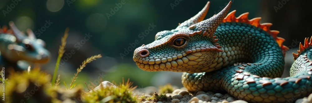 Fototapeta premium Serpentine horns protrude from ancient scales, prehistoric, wilderness