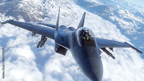 Fighter jet flying above snowy mountains.