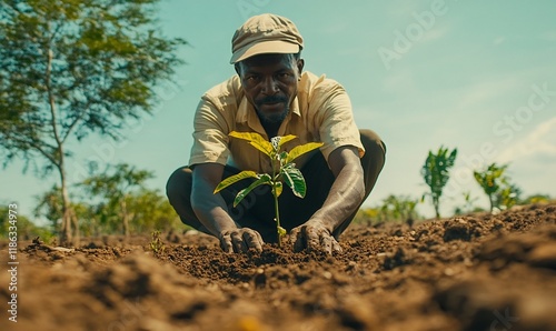 Farmer plants sapling, sunny field, Africa, reforestation