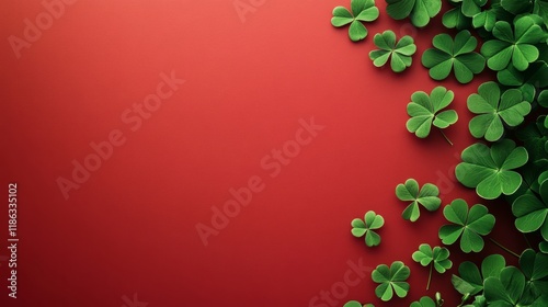 Green clovers arranged on the right side of a vibrant red background, creating a festive visual for st. Patrick's day celebrations, with space for text