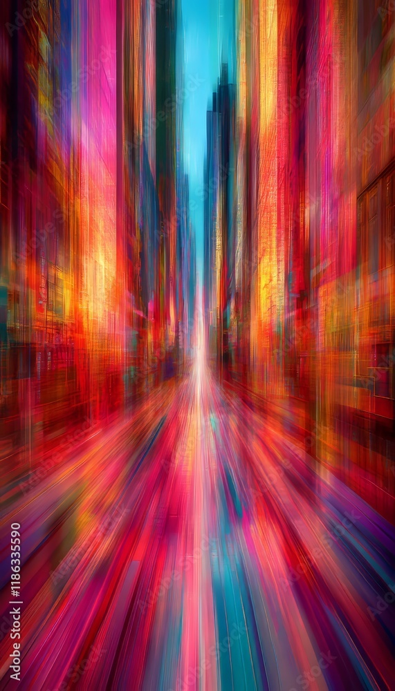 Abstract Cityscape With Blurred Motion, Representing Speed And Progress In Vivid Colors Abstract Cityscape With Blurred Motion, Representing Speed And Progress In Vivid Colors