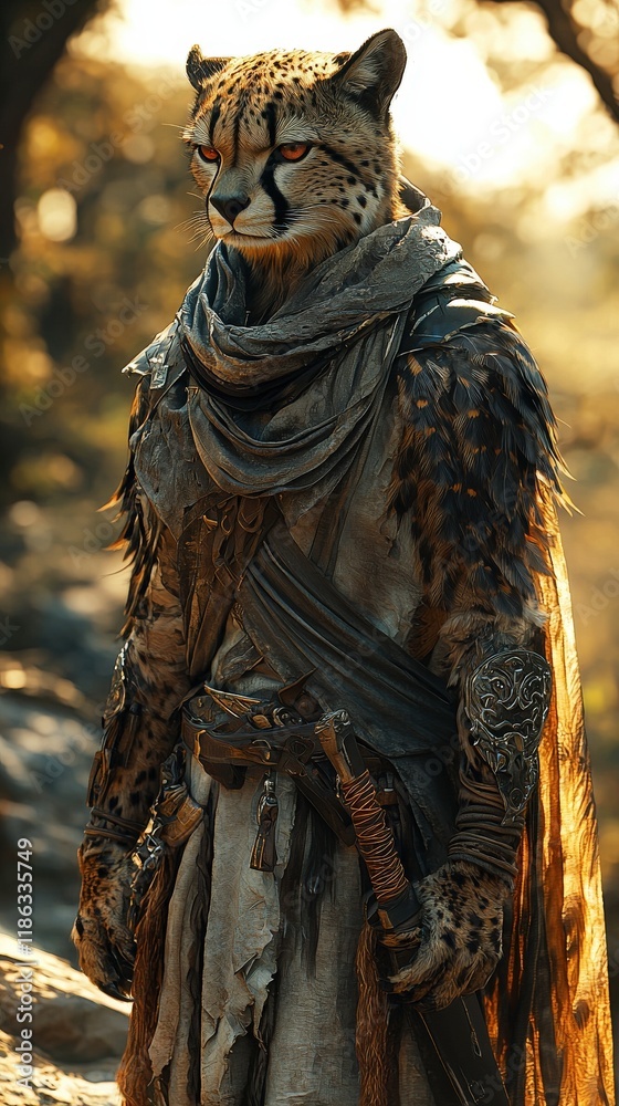 Fototapeta premium Illustration - Majestic Cheetah Warrior in Fantasy Attire