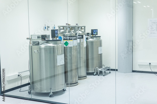 Cryogenic tanks containing liquid nitrogen in modern scientific laboratory photo