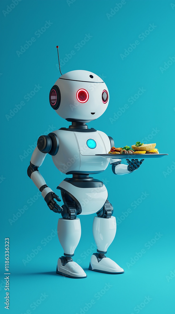 Fototapeta premium Robot serving food on a plate against a vibrant blue background.