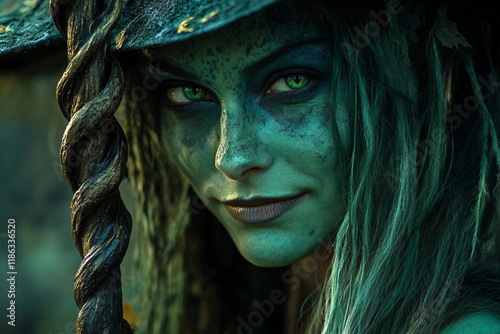 Enchanting Green-Skinned Forest Witch with Mystic Aura and Magical Elements, Generative AI photo