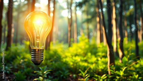 energy and business concept image. Creative idea and innovation. light bulb metaphor in the forest, low-poly, with white tones