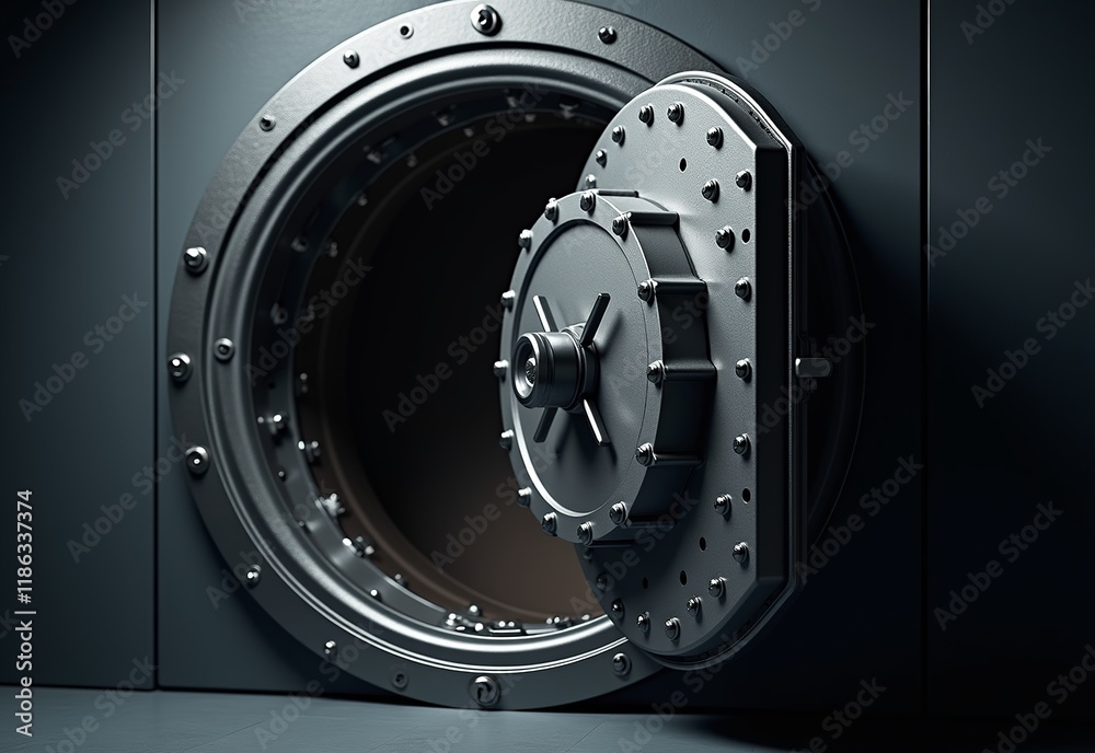 Open Bank Vault Interior Revealing Secure Storage Space with Heavy Metal Door, Emphasizing Security, Wealth, and Financial Protection Open Bank Vault Interior Revealing Secure Storage Space with Heavy Metal Door, Emphasizing Security, Wealth, and Financial Protection