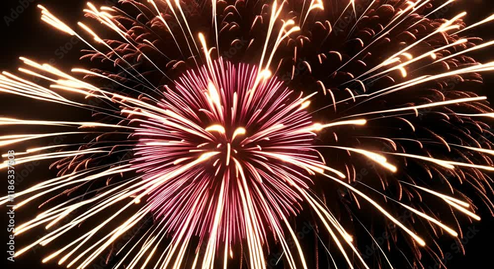 Bright firecrackers exploding in the night sky with vibrant colors and sparkling effects. Celebration concept