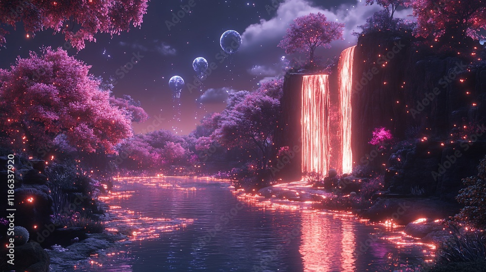 Fototapeta premium Magical fantasy landscape with glowing waterfall, river, and pink trees at night.