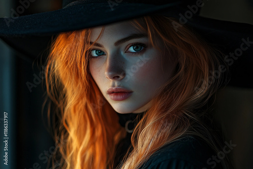 Classic Portrait of Mysterious scary Witch with Captivating glowing Eyes, Generative AI design