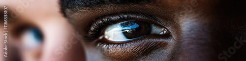 Close-up of Brown Eye with Partial Reflection and Out-of-Focus Background photo